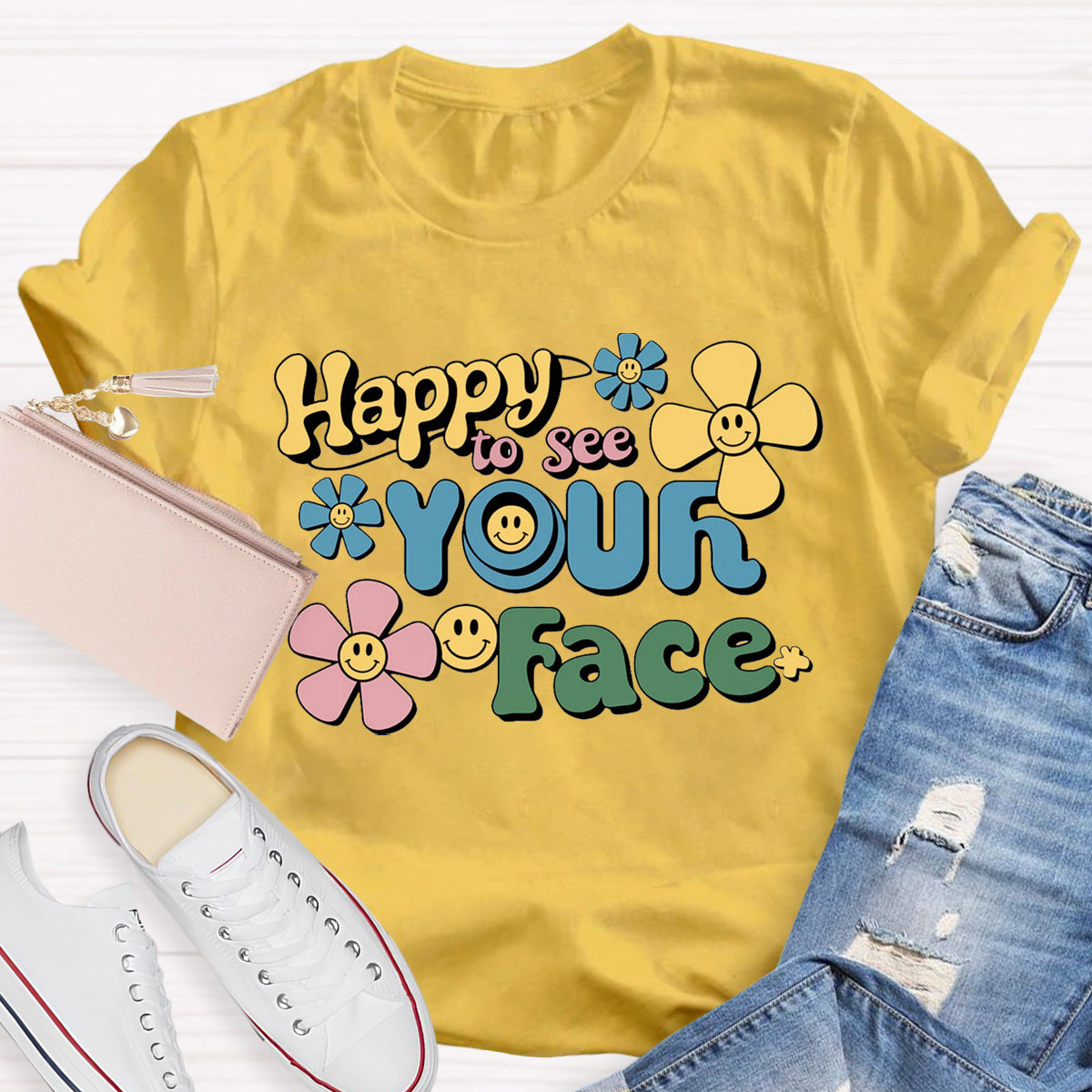 Happy To See Your Face Yellow Flower Teacher T-Shirt