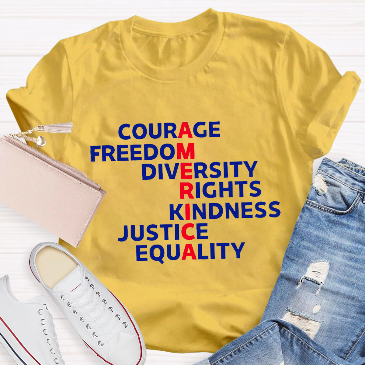 Courage Freedom Diversity Right Kindness Justice Equality America Teacher T-Shirt