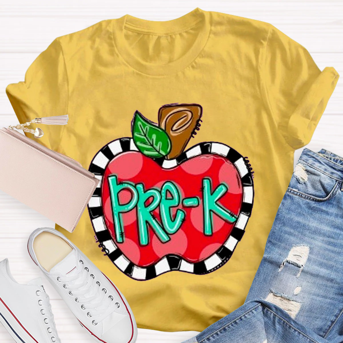 Personalized Grade Teacher Color Block  Apple Printed T-Shirt