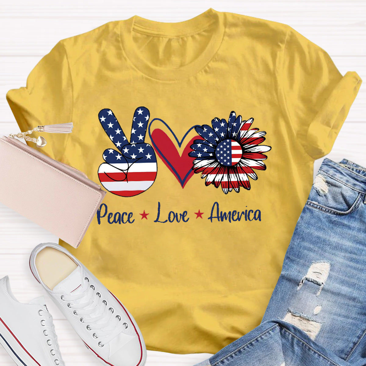 Peace Love America Star Teacher T-Shirt