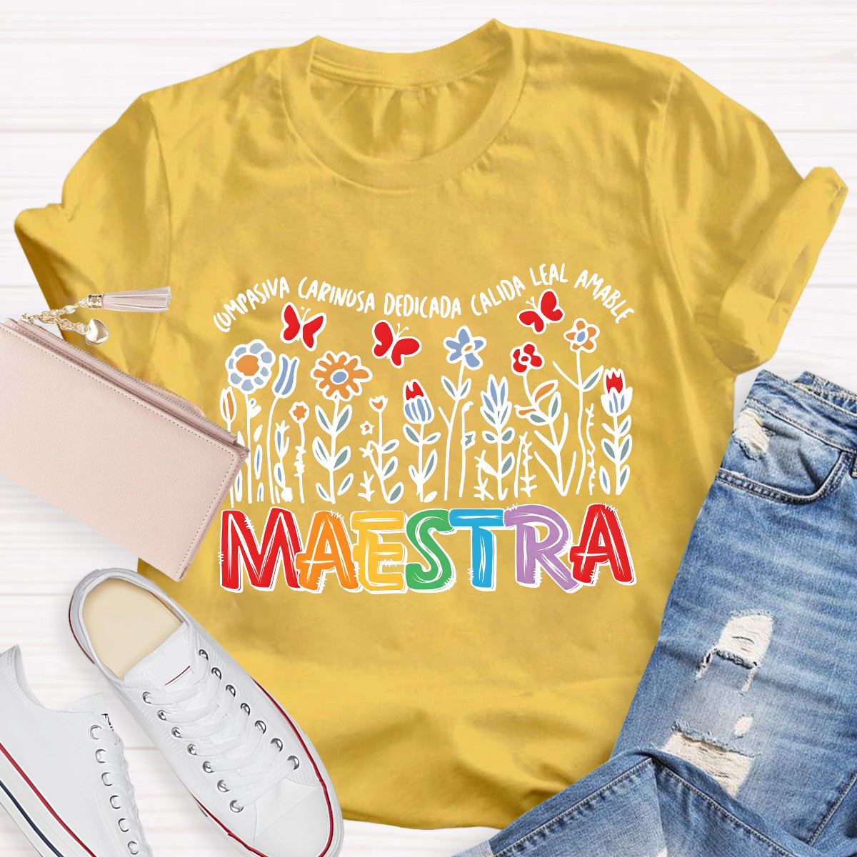 Maestra Butterfly And Flowers Teacher T-Shirt