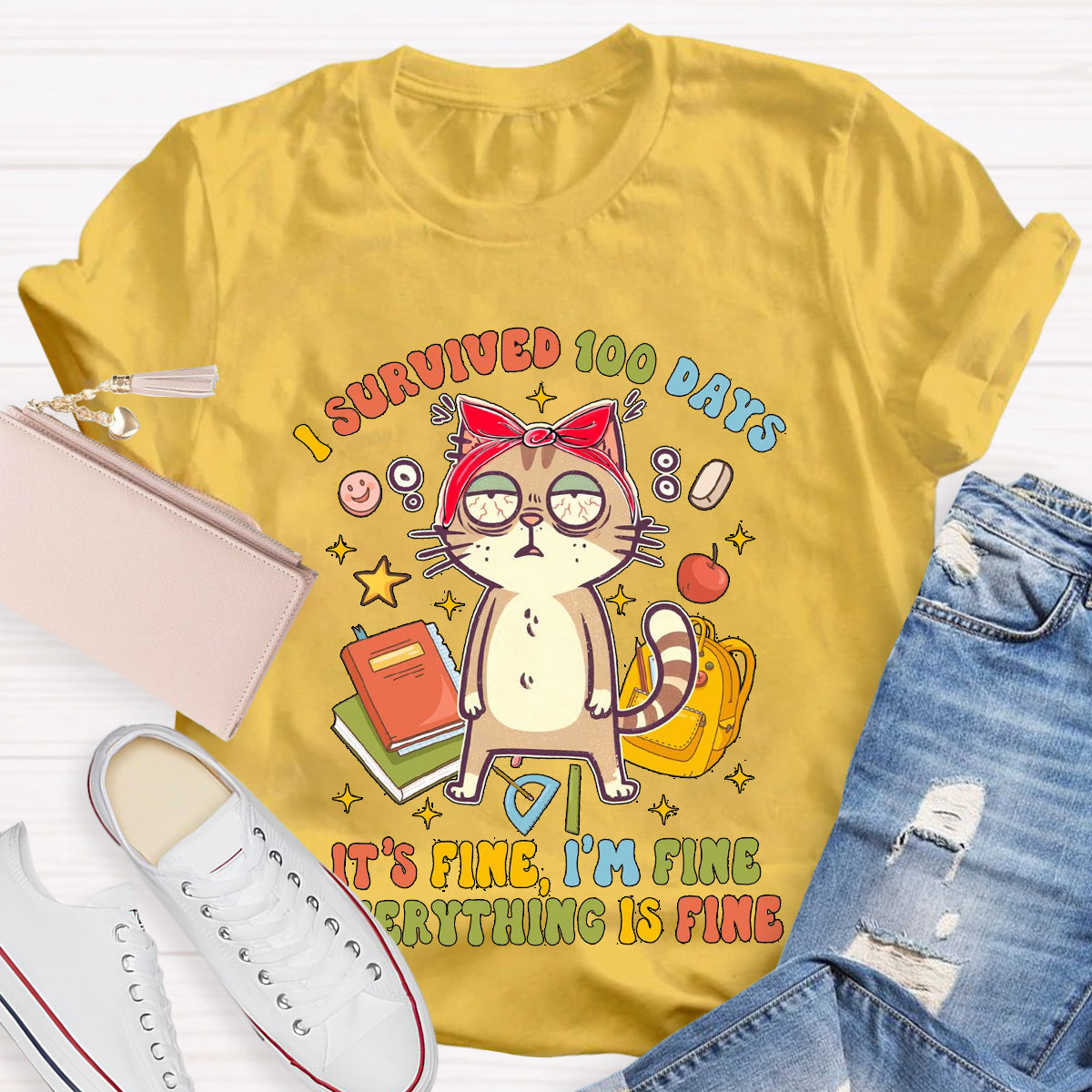 I Survived 100 Days Everything Is Fine Funny Cat T-Shirt