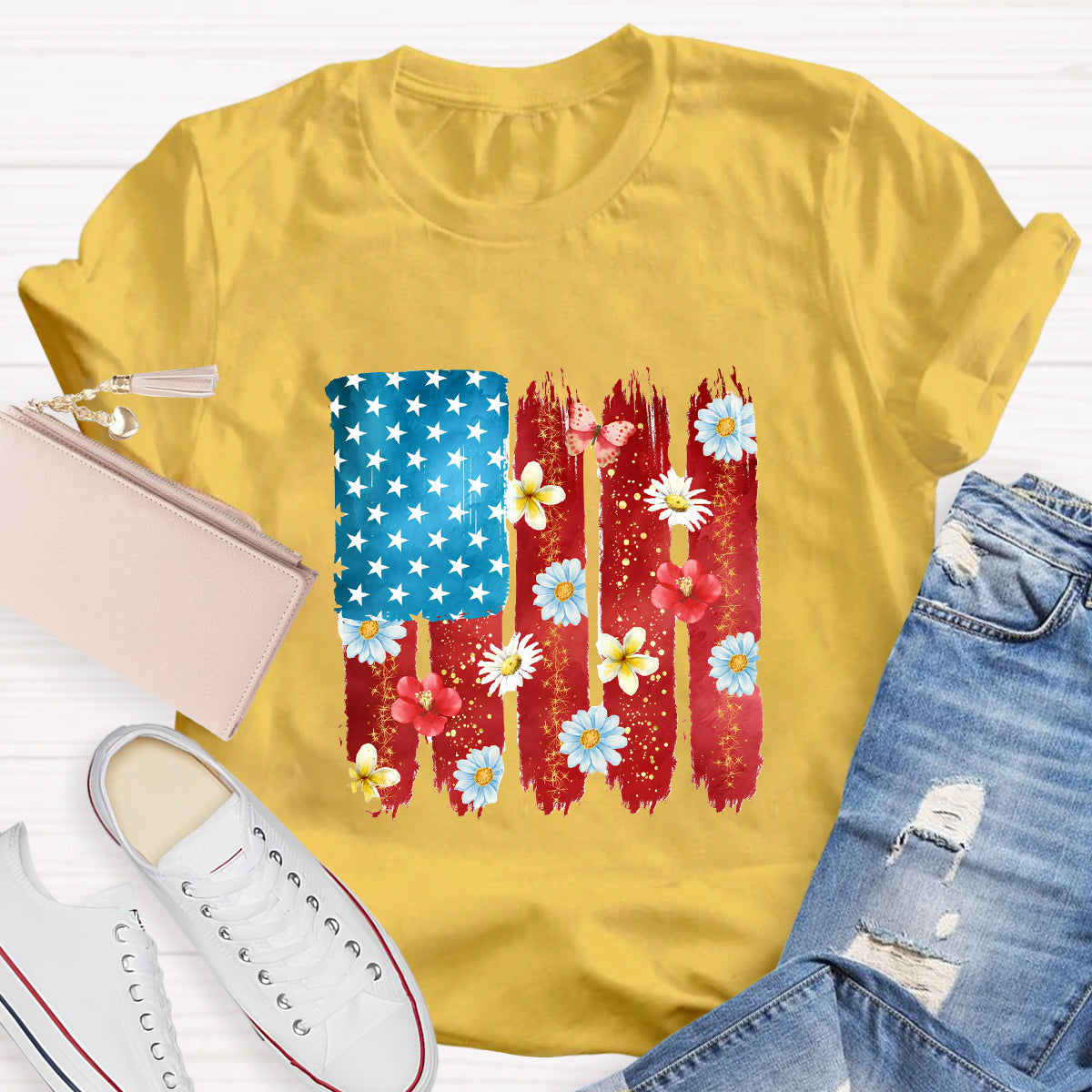US Flag Flower Strip Star Teacher T-Shirt