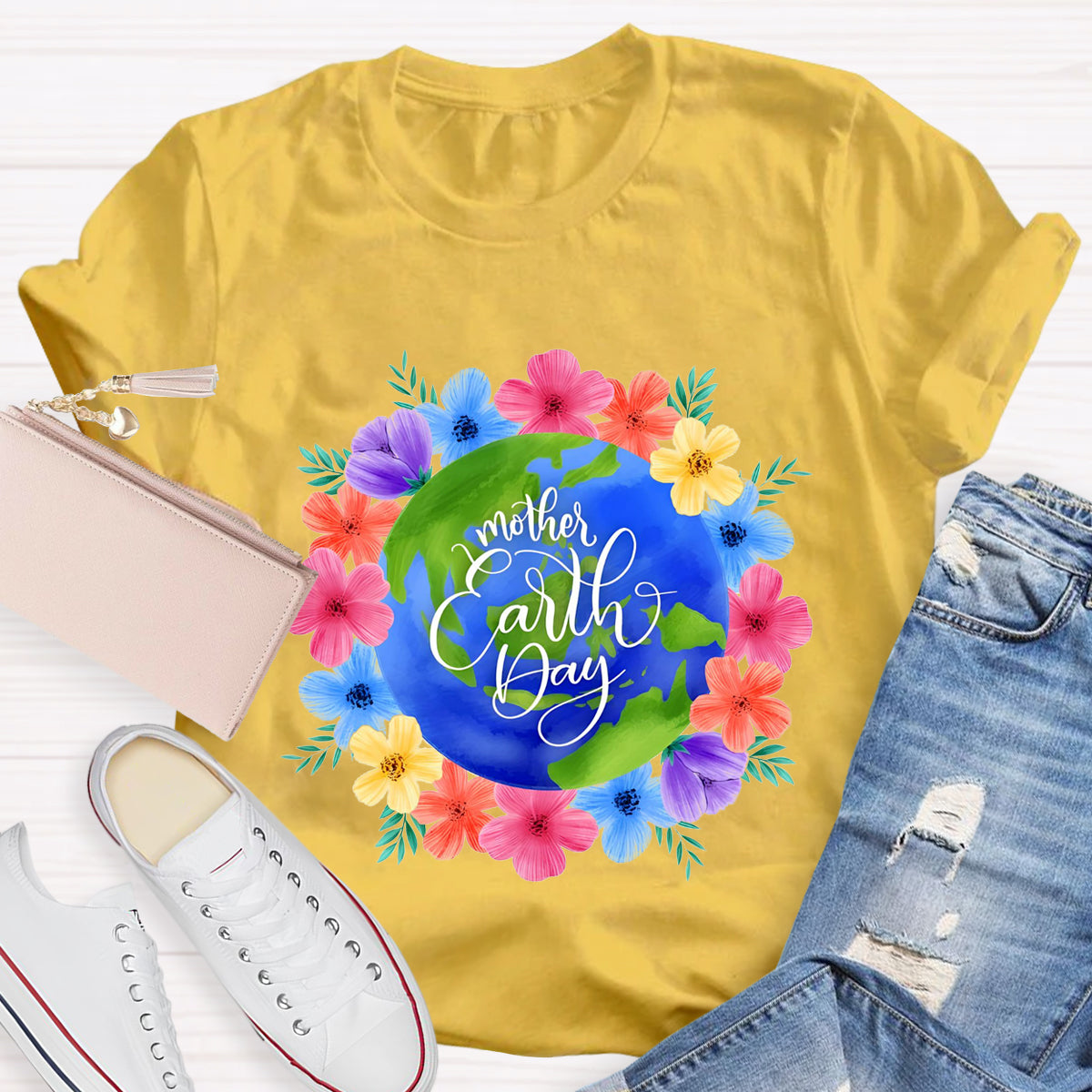 Blue Earth Day Floral Teacher T-Shirt