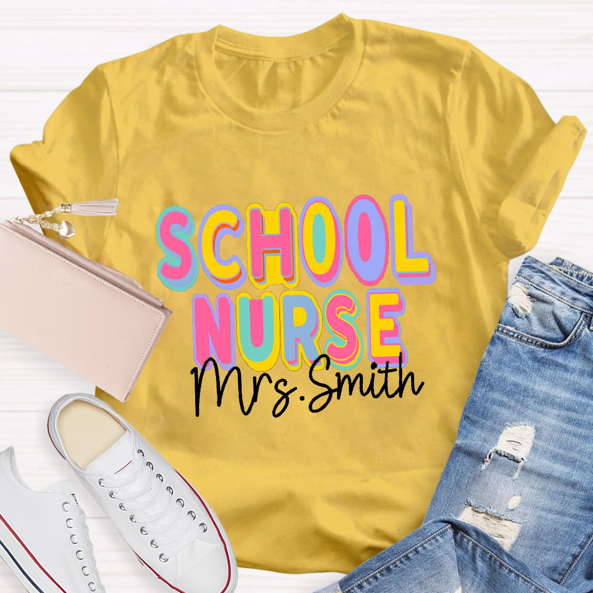 Personalized School Nurse Name Colorful Printed Letter T-Shirt
