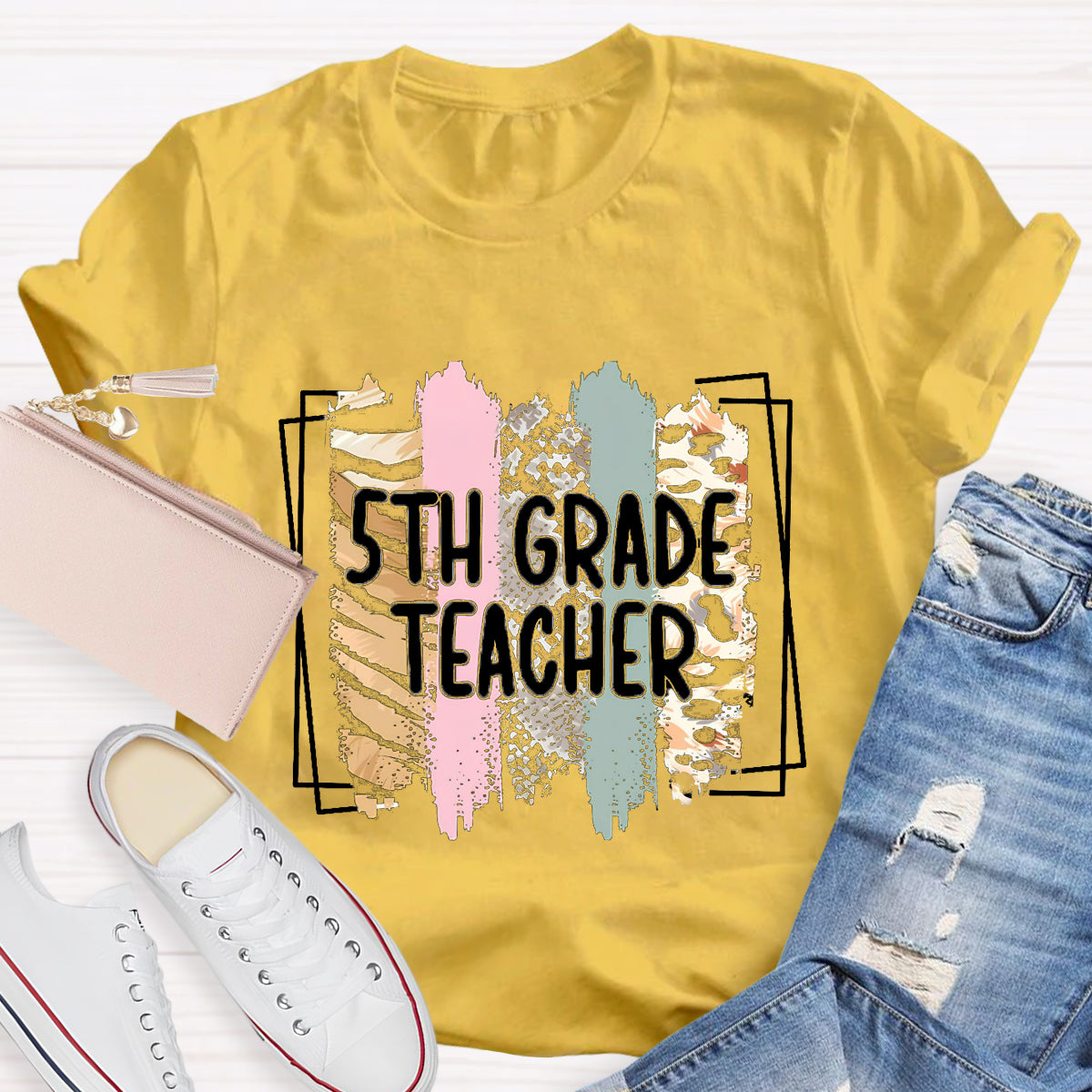 Personalized Grade Color Block 5th Grade Teacher T-Shirt