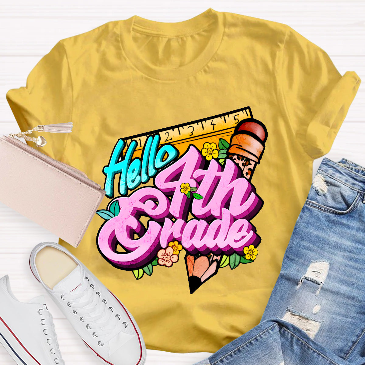 Personalized Grade Hello 4th Grade Back To School Teacher T-Shirt