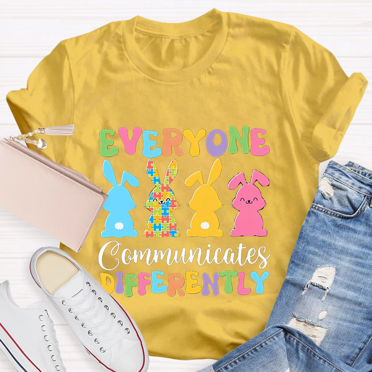 Everyone Communicates Differently Bunny Teacher T-Shirt