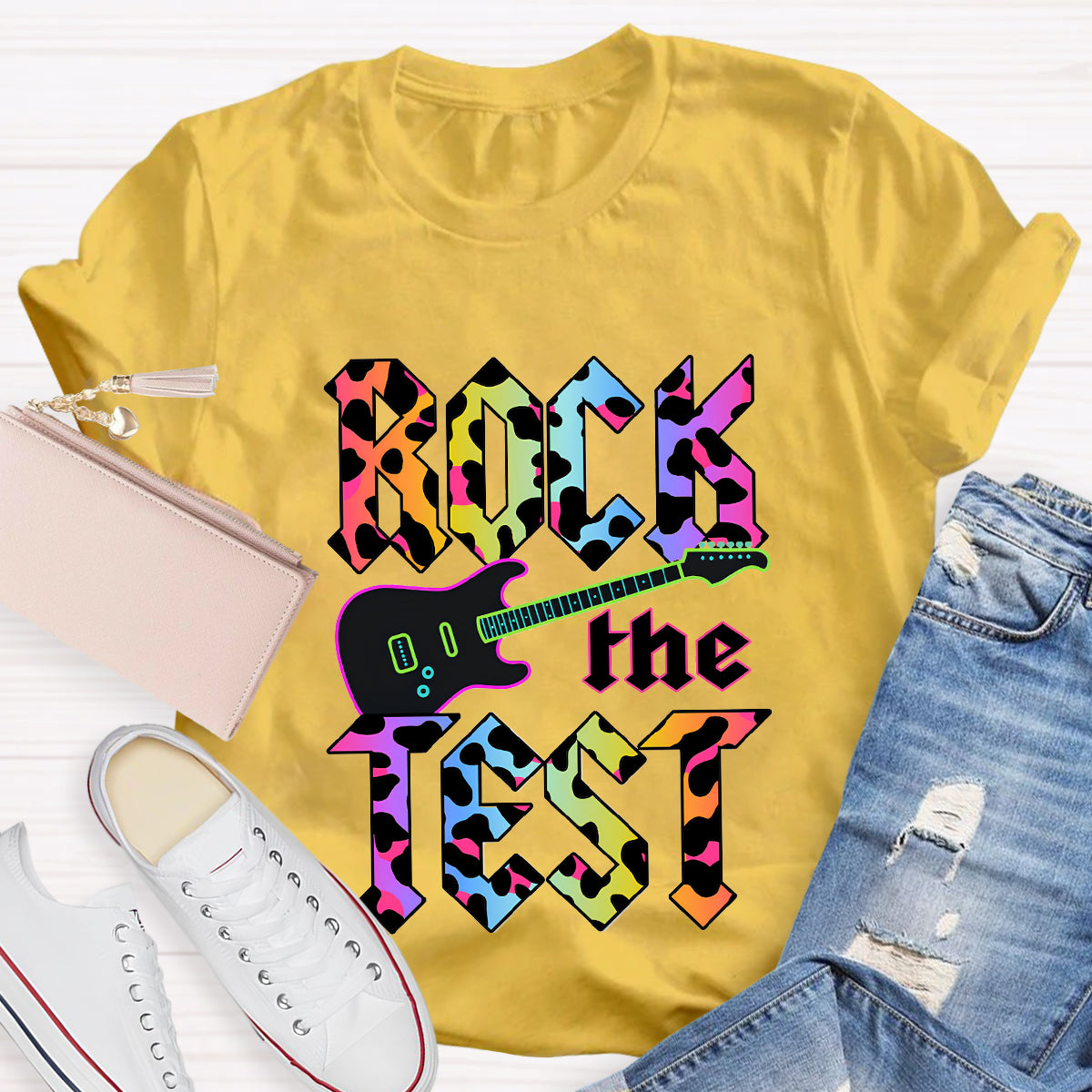 Rock The Test Colorful Leopard Print Teacher T-Shirt