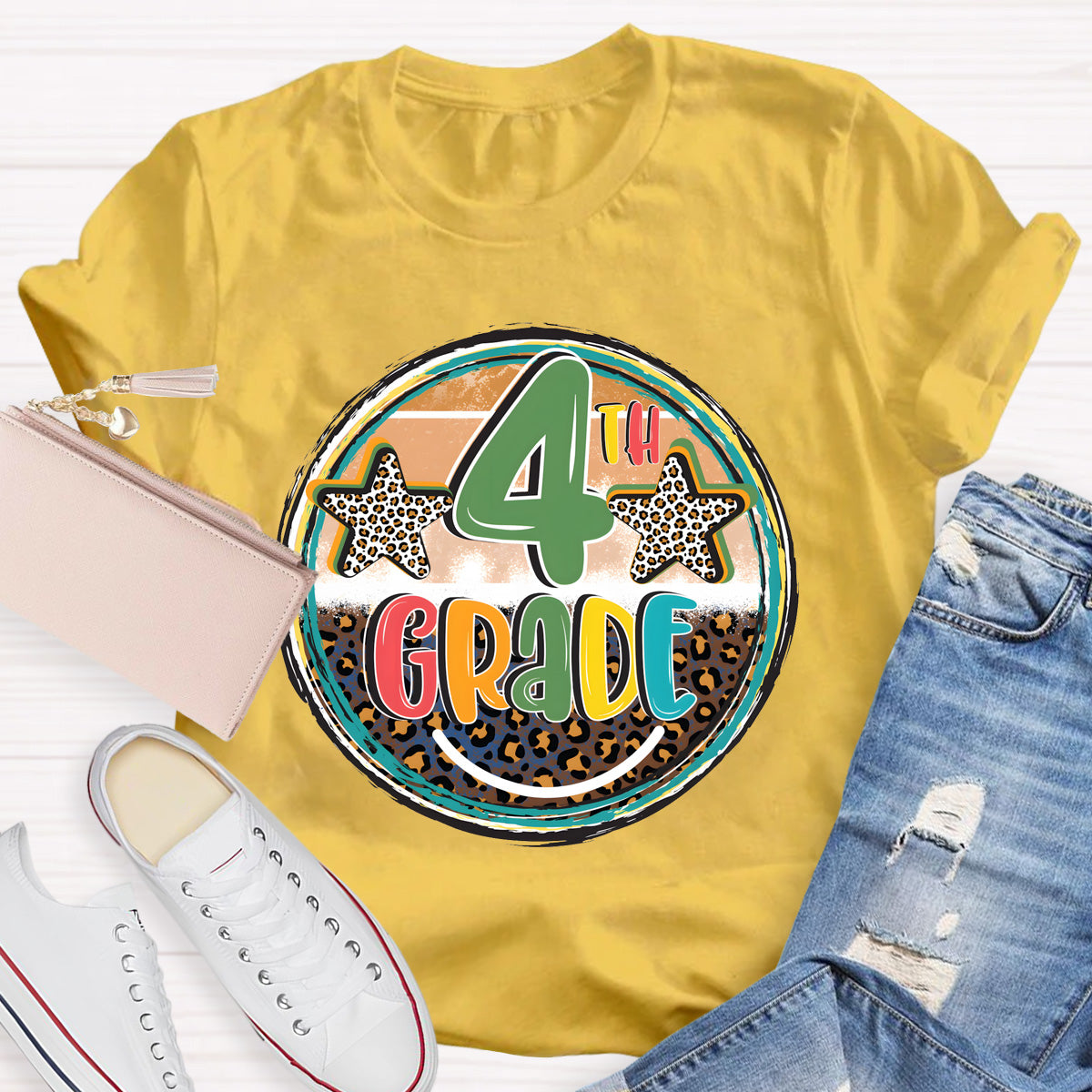 Personalized Grade Leopard Star 4th Grade Teacher T-Shirt