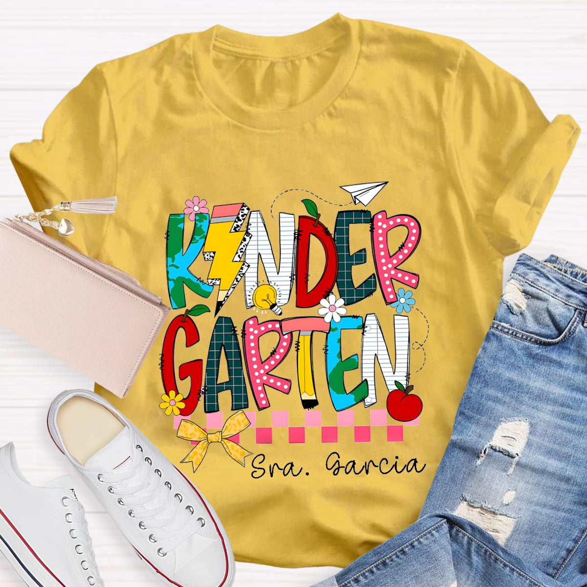 Personalized Grade And Name  Apple Pencil light Teacher T-Shirt