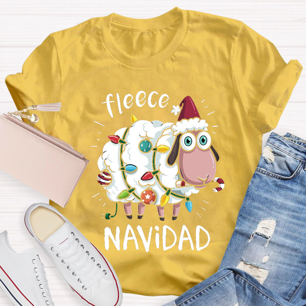 Feliz Navidad Sheep Fleece Funny Christmas Lights Teacher T-Shirt