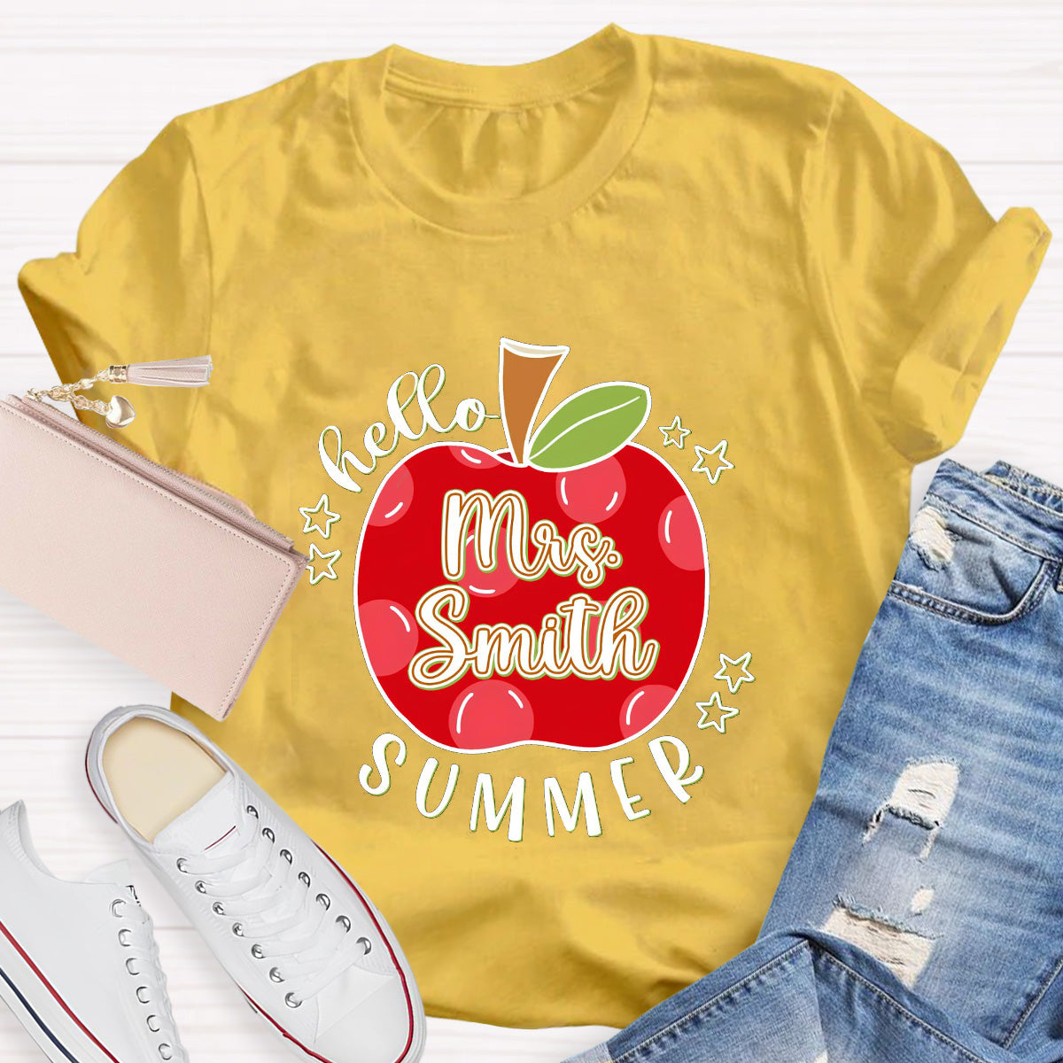 Personalized Name Apple Hello Summer Teacher T-Shirt