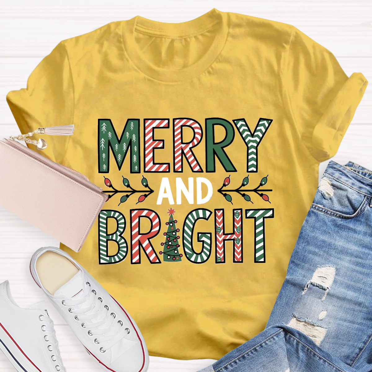 Merry And Bright Christmas Tree Teacher T-Shirt