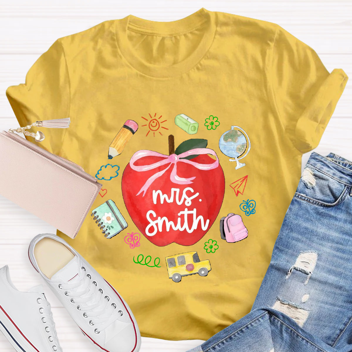 Personalized Name Red Apple Teacher T-Shirt