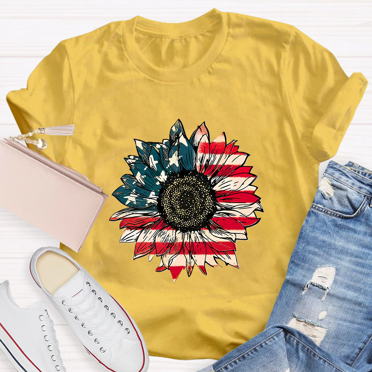 US Flag Flower Teacher T-Shirt