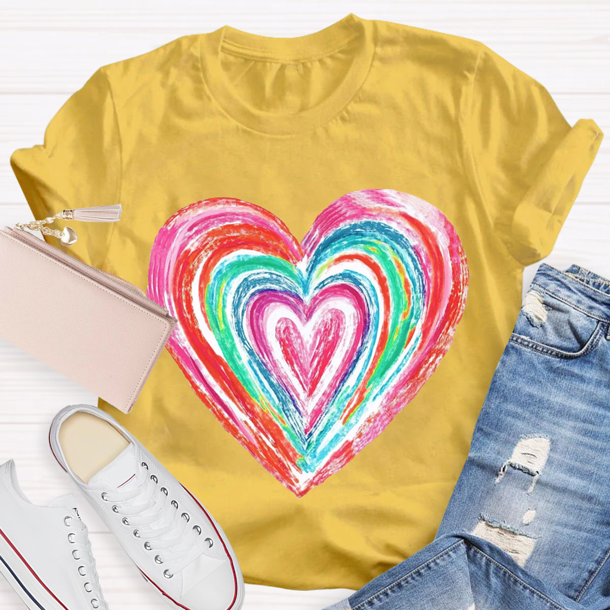 Valentines Colorful Rainbow Heart Teacher T-Shirt