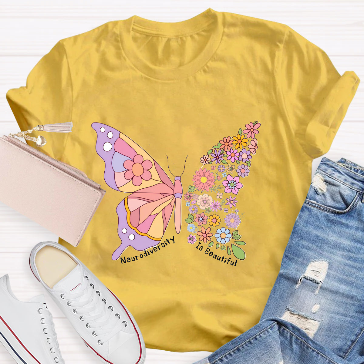 Neurodiversity Is Beautiful Floral Butterfly Teacher T-Shirt
