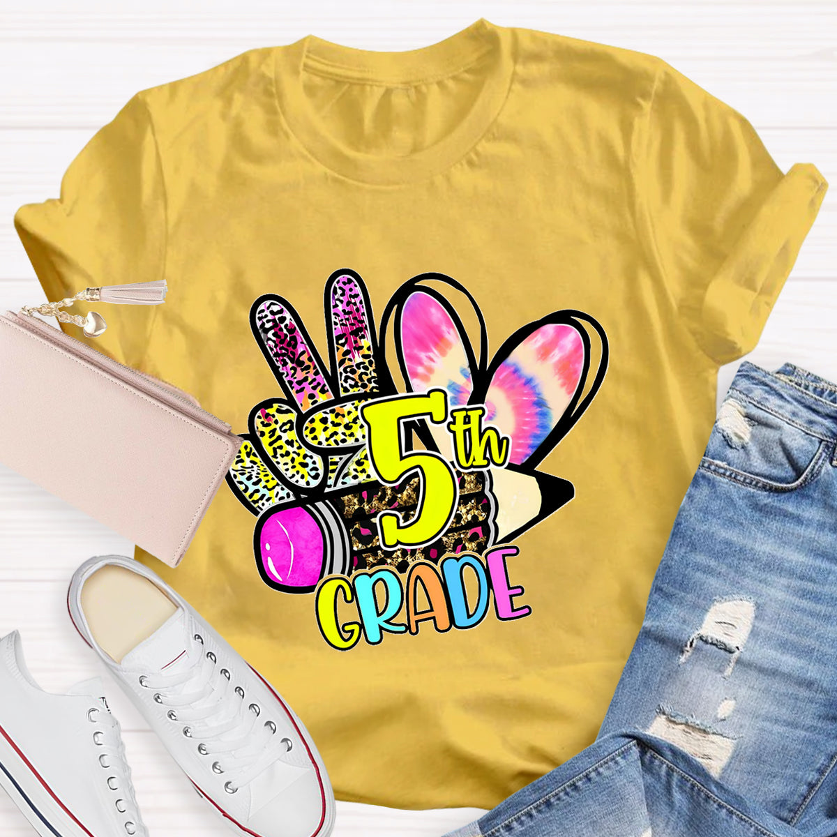Personalized Grade Colorful Leopard Heart 5th Grade Teacher T-Shirt