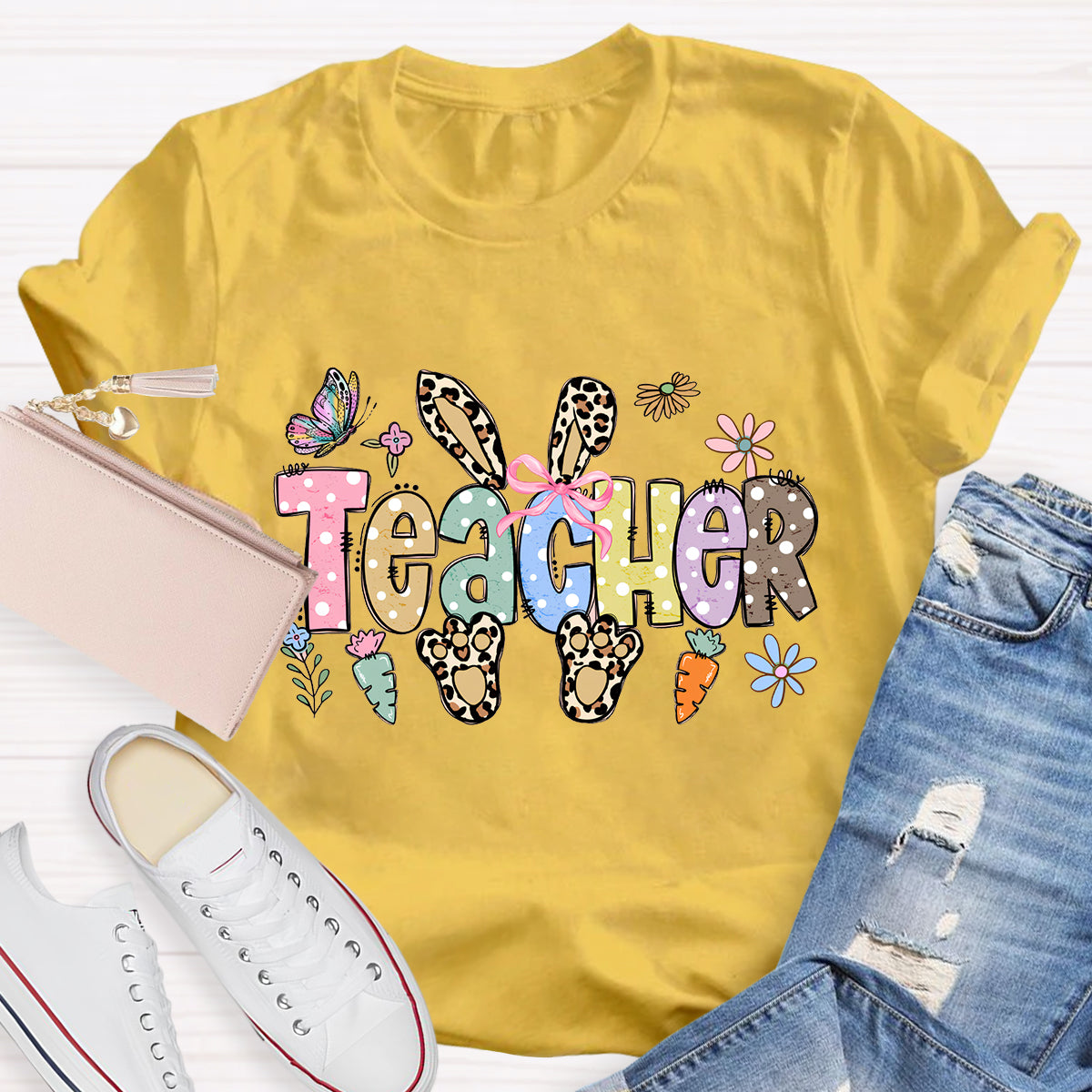 Leopard Happy Easter Bunny Teacher T-Shirt