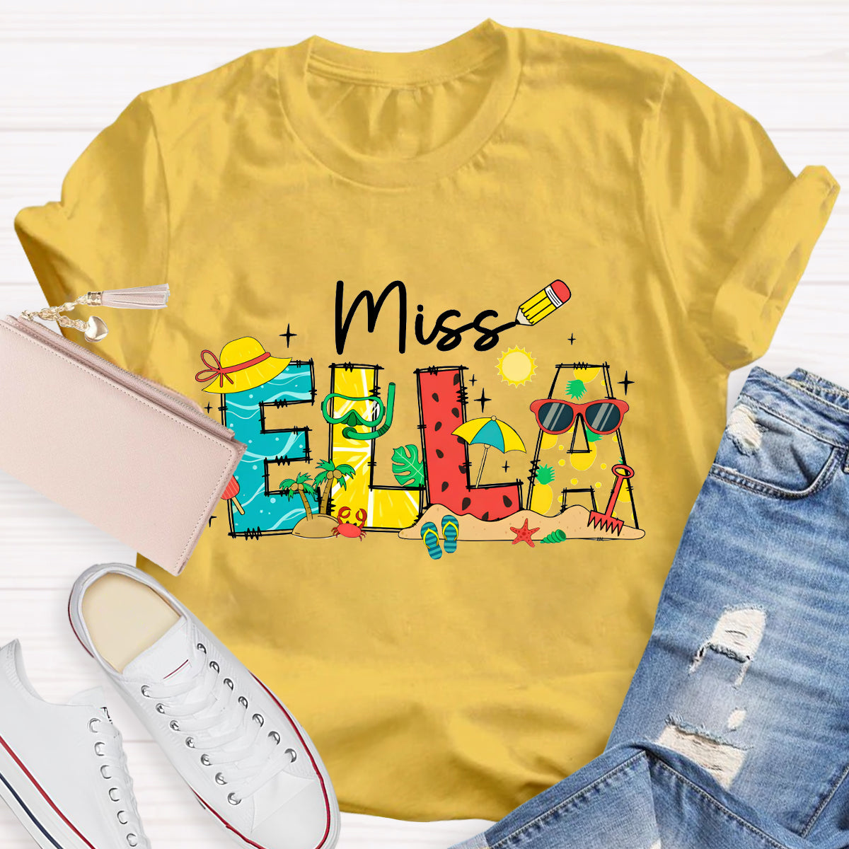 Personalized Name Summer Break Beach Teacher T-Shirt
