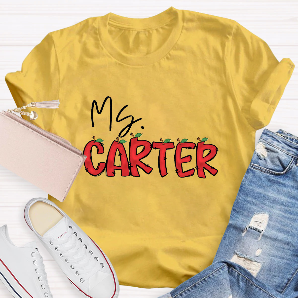 Personalized Teacher's Name Red Apple Letter  T-Shirt