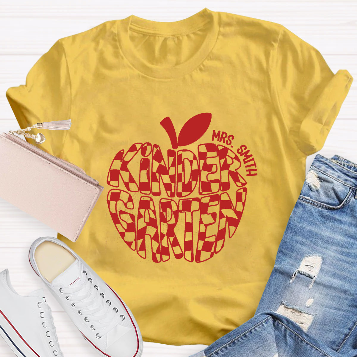 Personalized Name Kinder Garten Teacher Apple T-Shirt