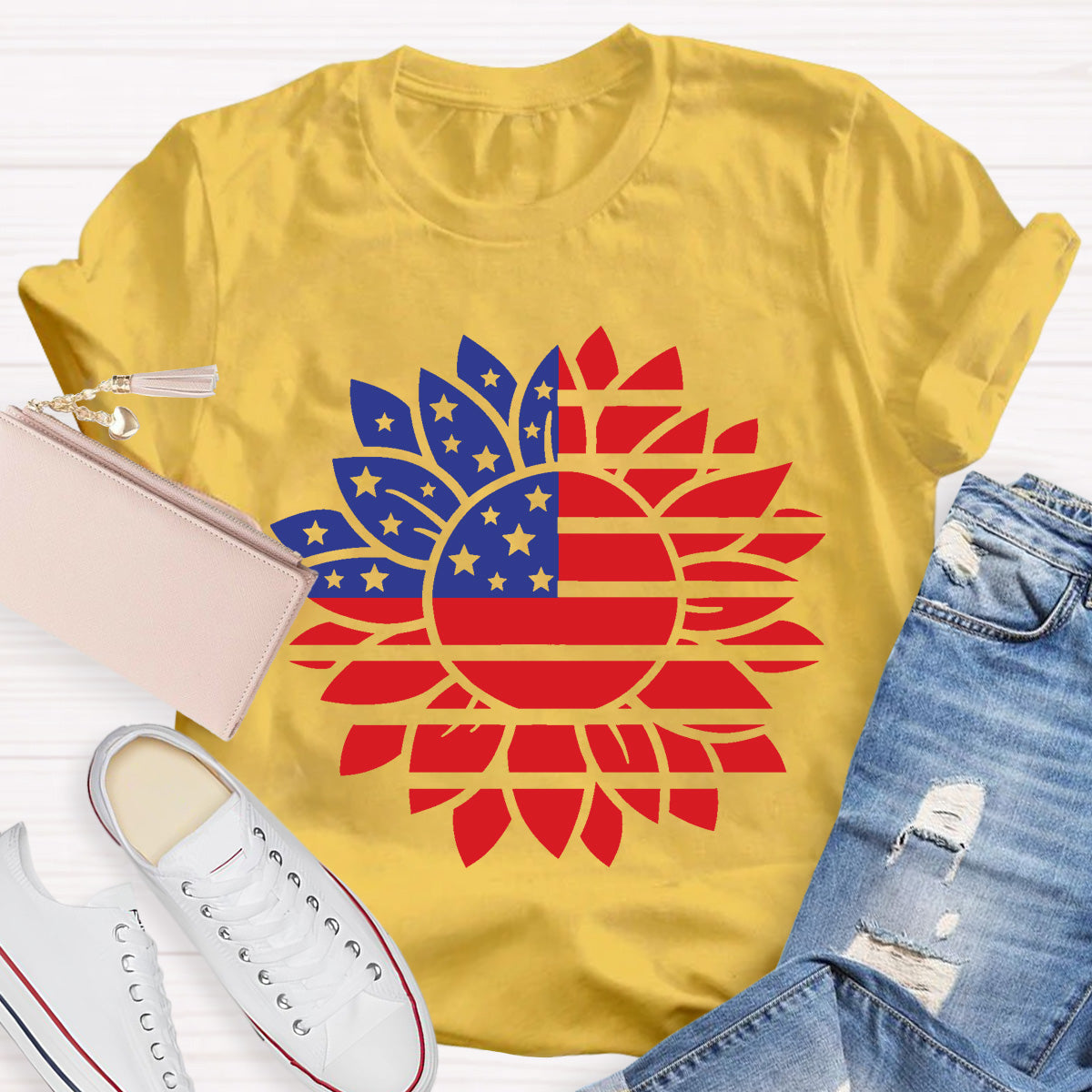 Stars and Stripes Sunflower Teacher T-Shirt