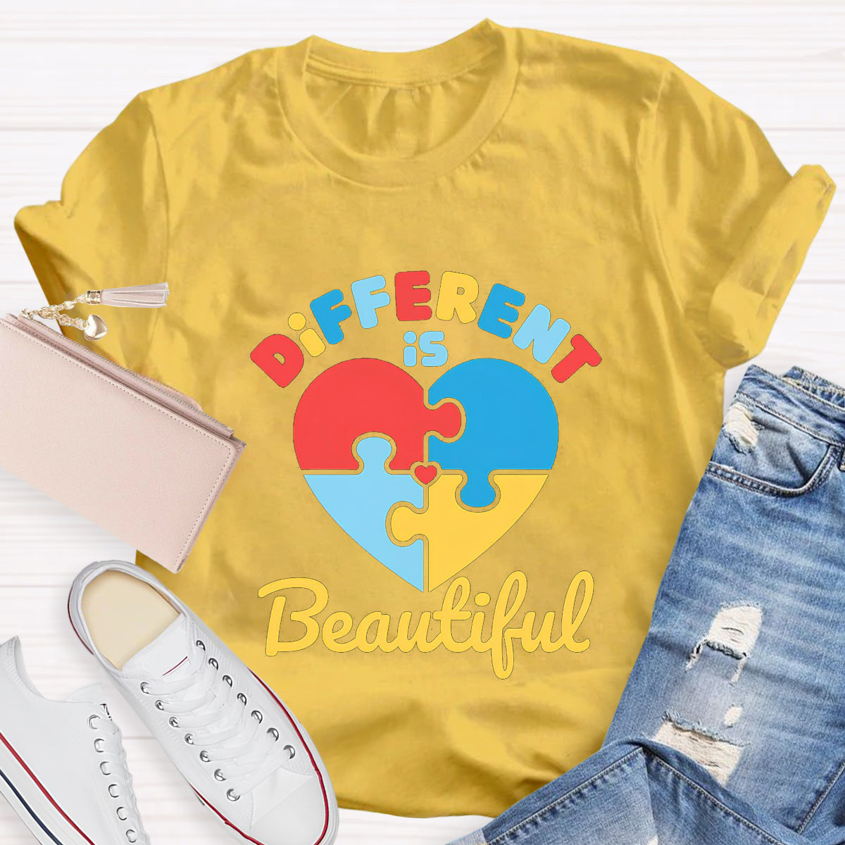 Different Is Beautiful Colorful Heart Teacher T-Shirt
