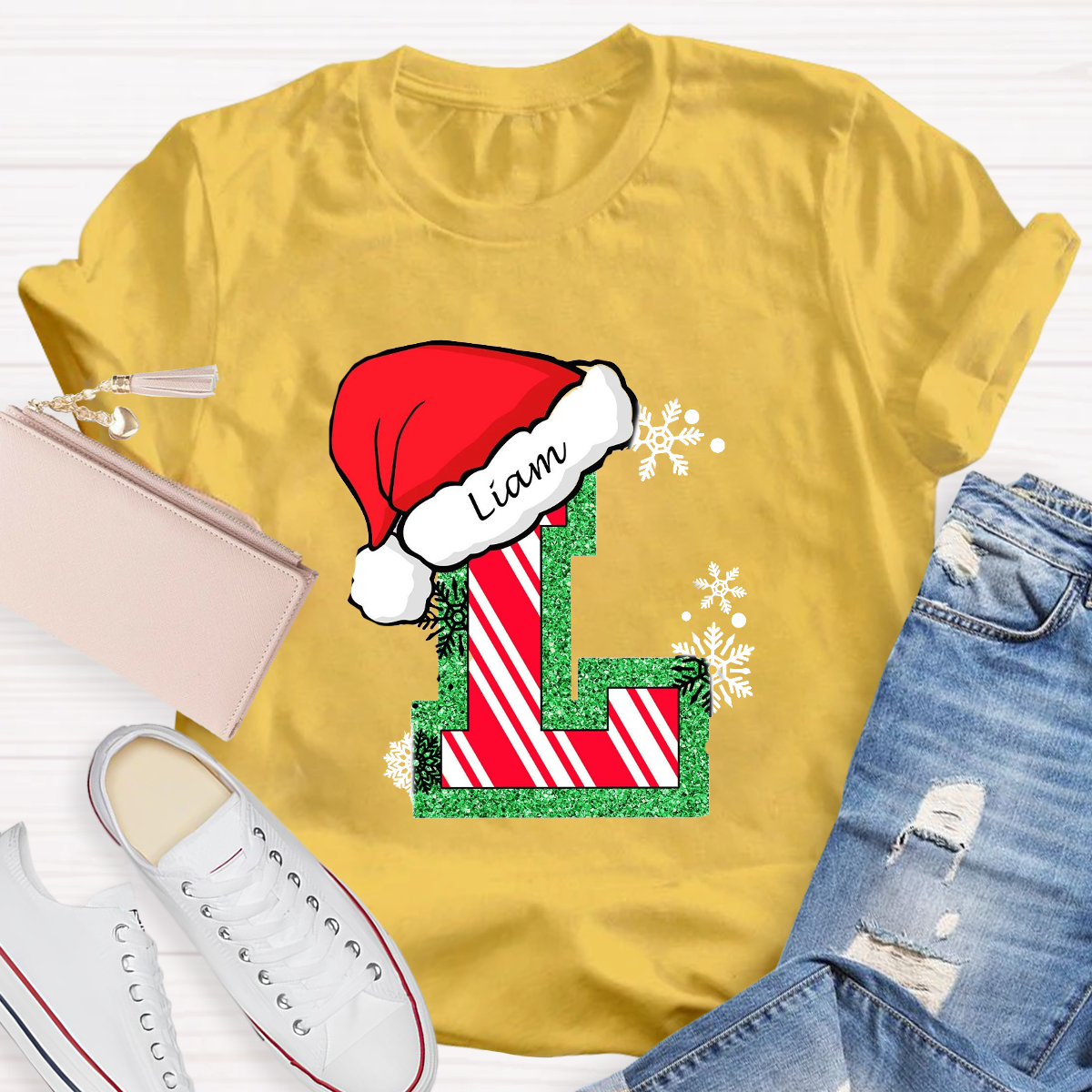 Personalized Name Merry Christmas Santa Holiday Green Red Glitter T-Shirt