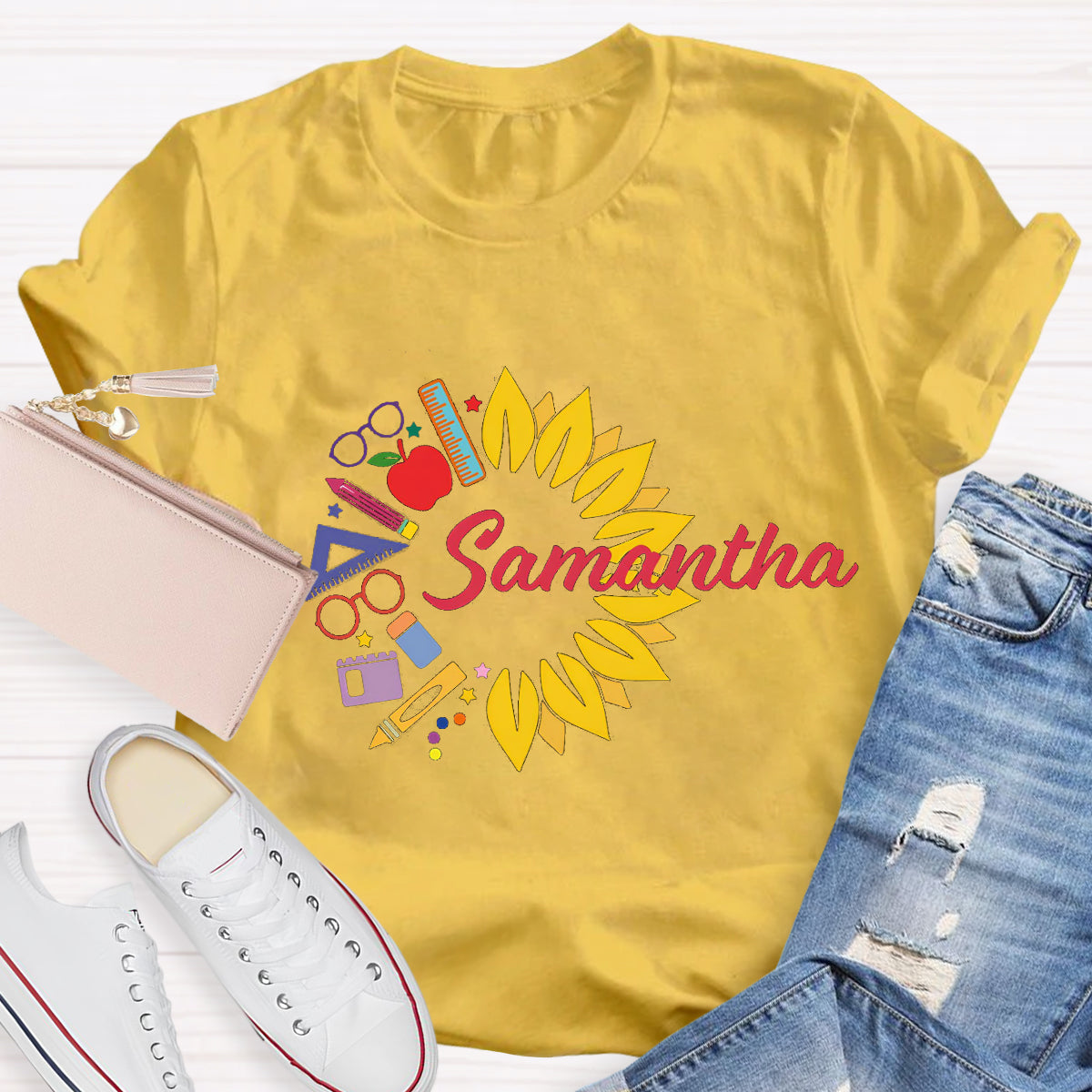 Personalized Name Sunflower Pencil Samantha Teacher T-Shirt