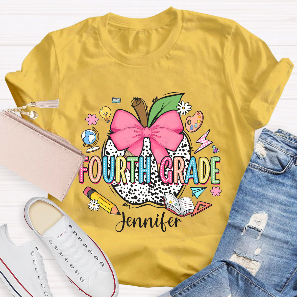 Personalized Teacher Name And Grade leopard print Apple T-Shirt