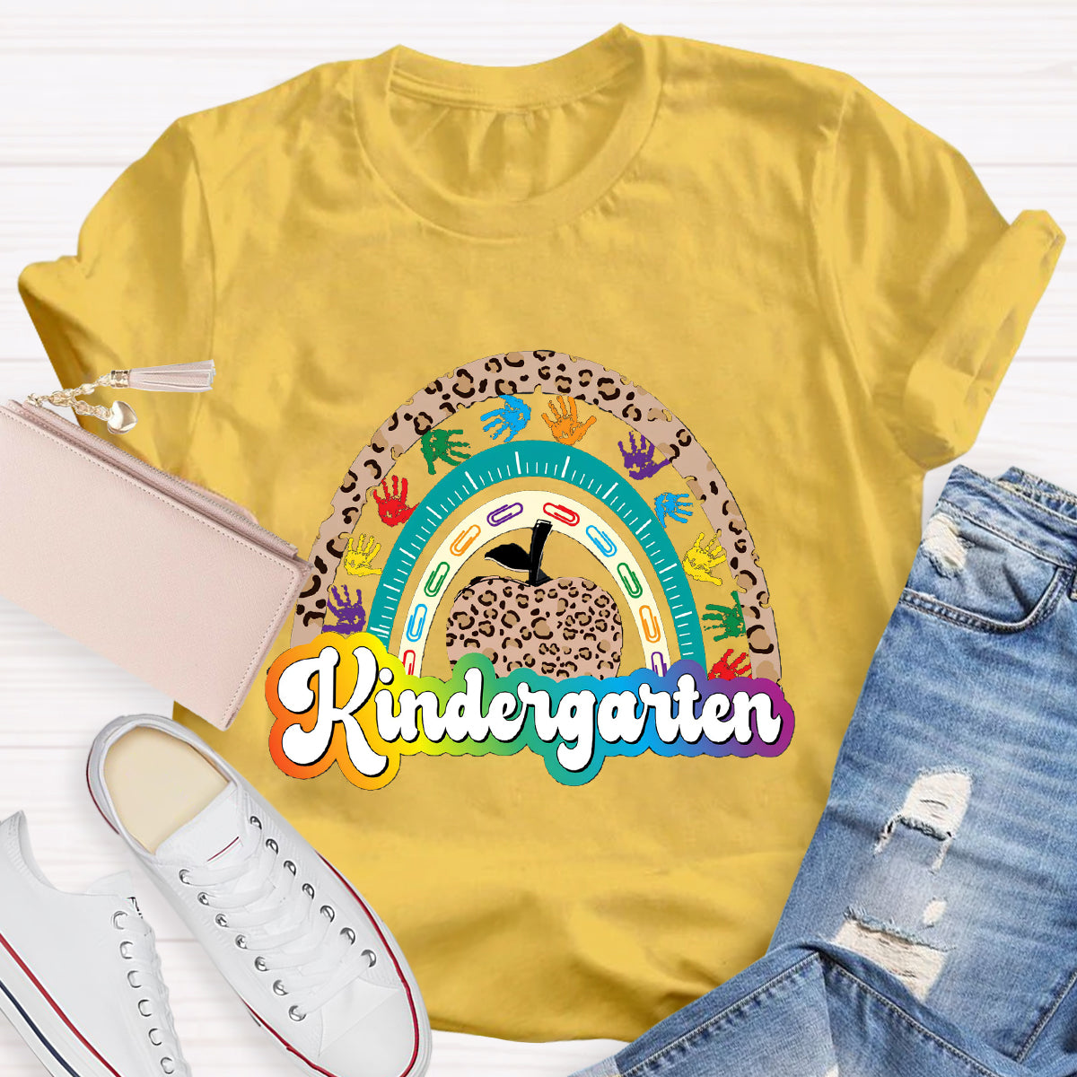 Personalized Grade Leopard Apple Rainbow Teacher T-Shirt