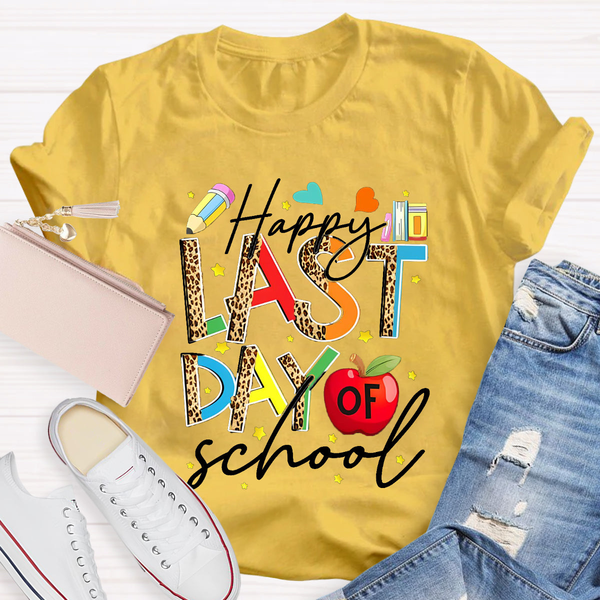 Happy Last Day Of School Leopard Printed Teacher T-Shirt