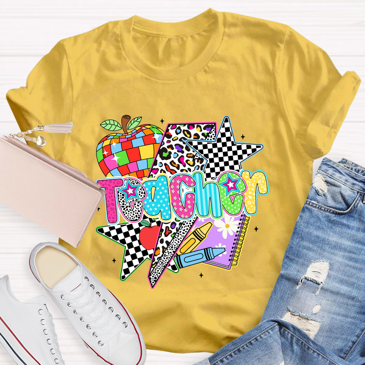 Colorful Leopard Apple Teacher Back To School T-Shirt