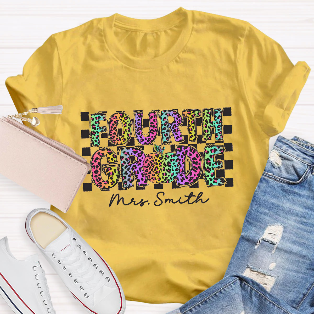 Personalized Grade And Name Colorful Leopard Print Teacher T-Shirt