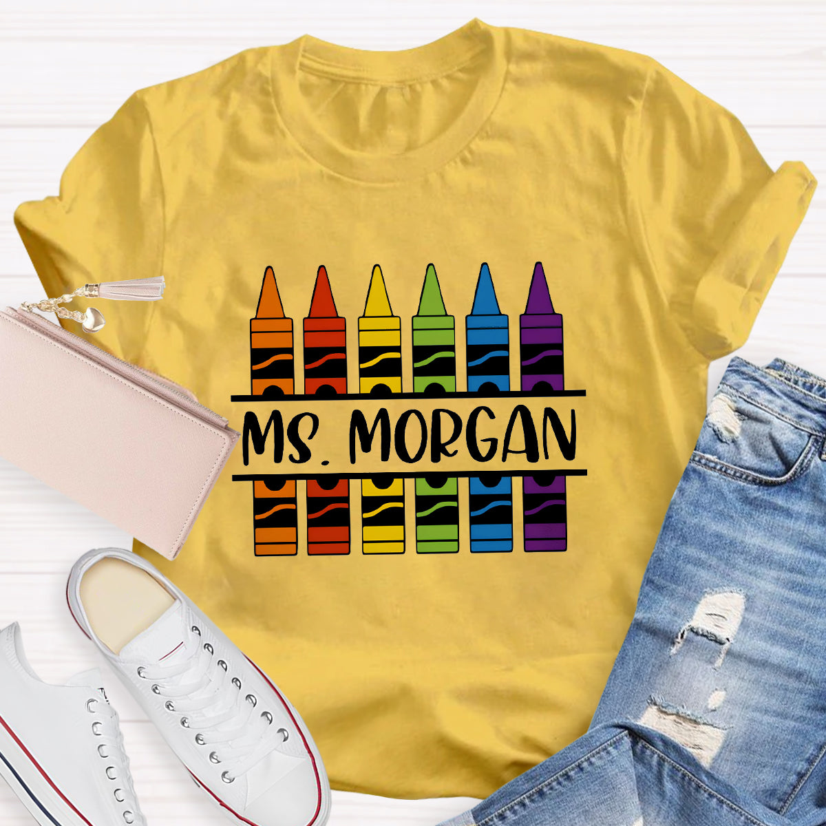 Personalized Name Crayon Printed Teacher T-shirt