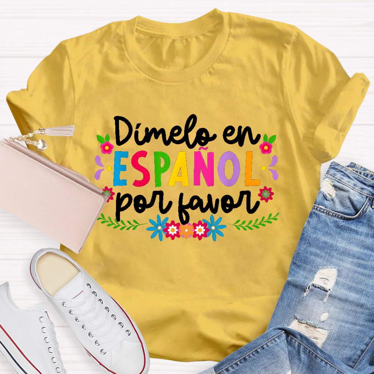 Dimelo En Espanol Por Favor Colorful Flowers Teacher T-Shirt