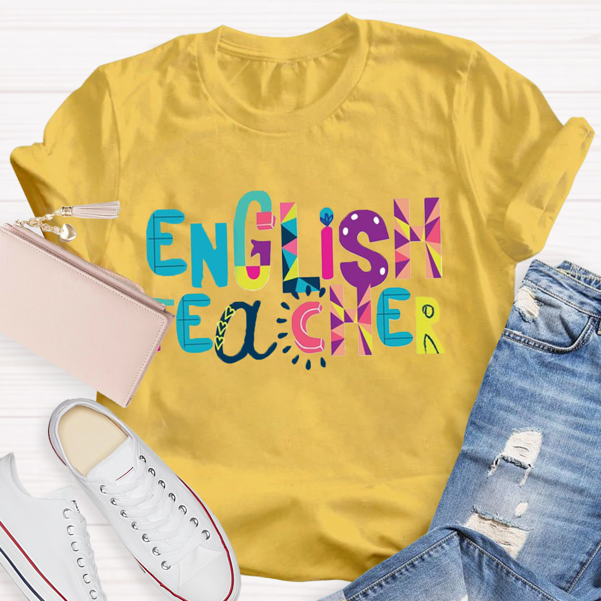 Artistic Color Block Design English Teacher T-Shirt