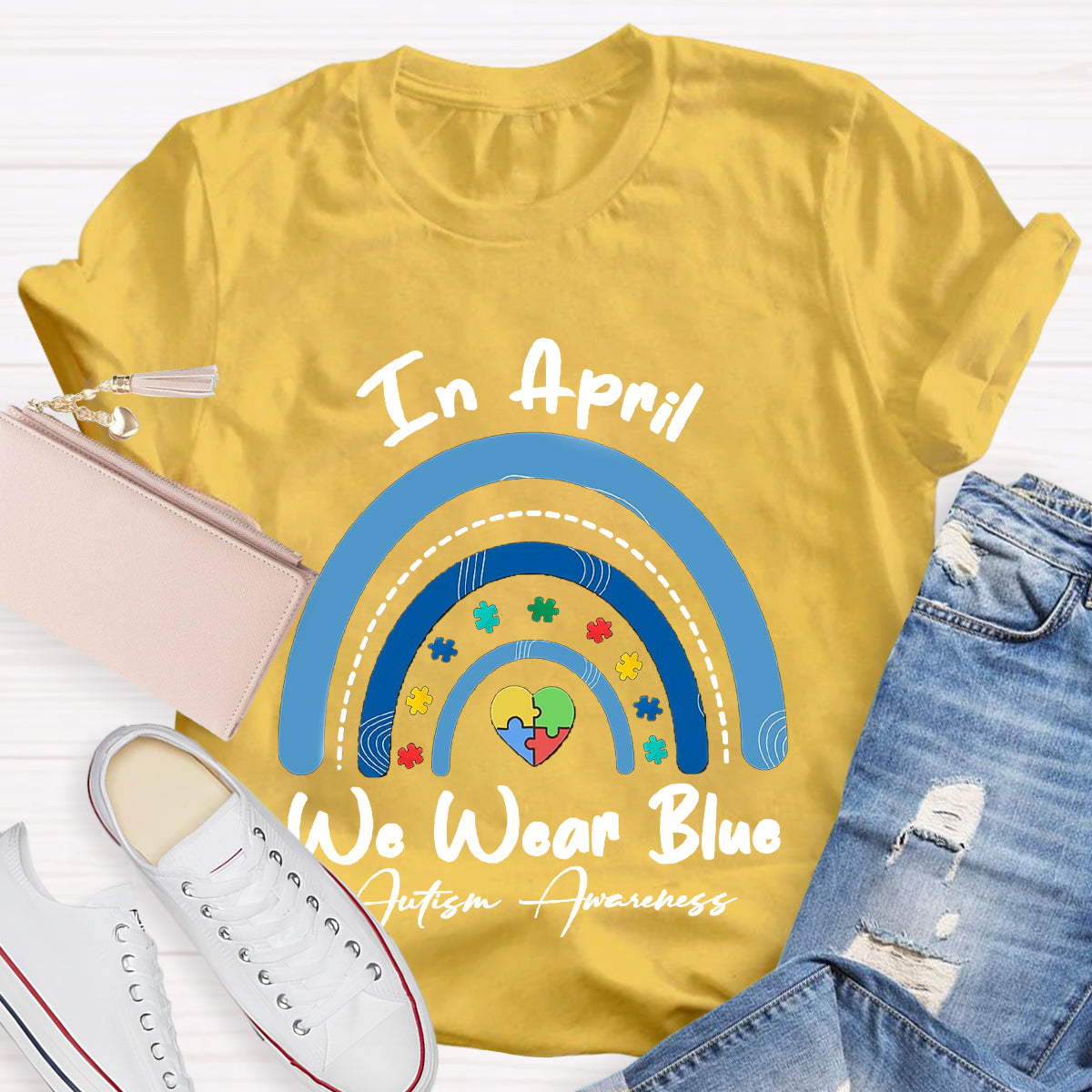 In April We Wear Blue Rainbow Teacher T-Shirt