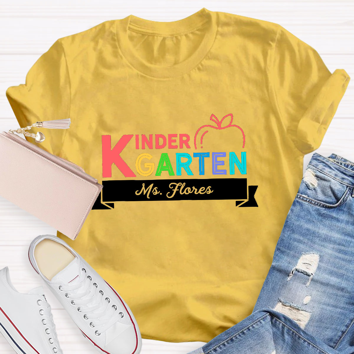 Personalized Kindergarten Teacher's Name  Apple Printed T-Shirt