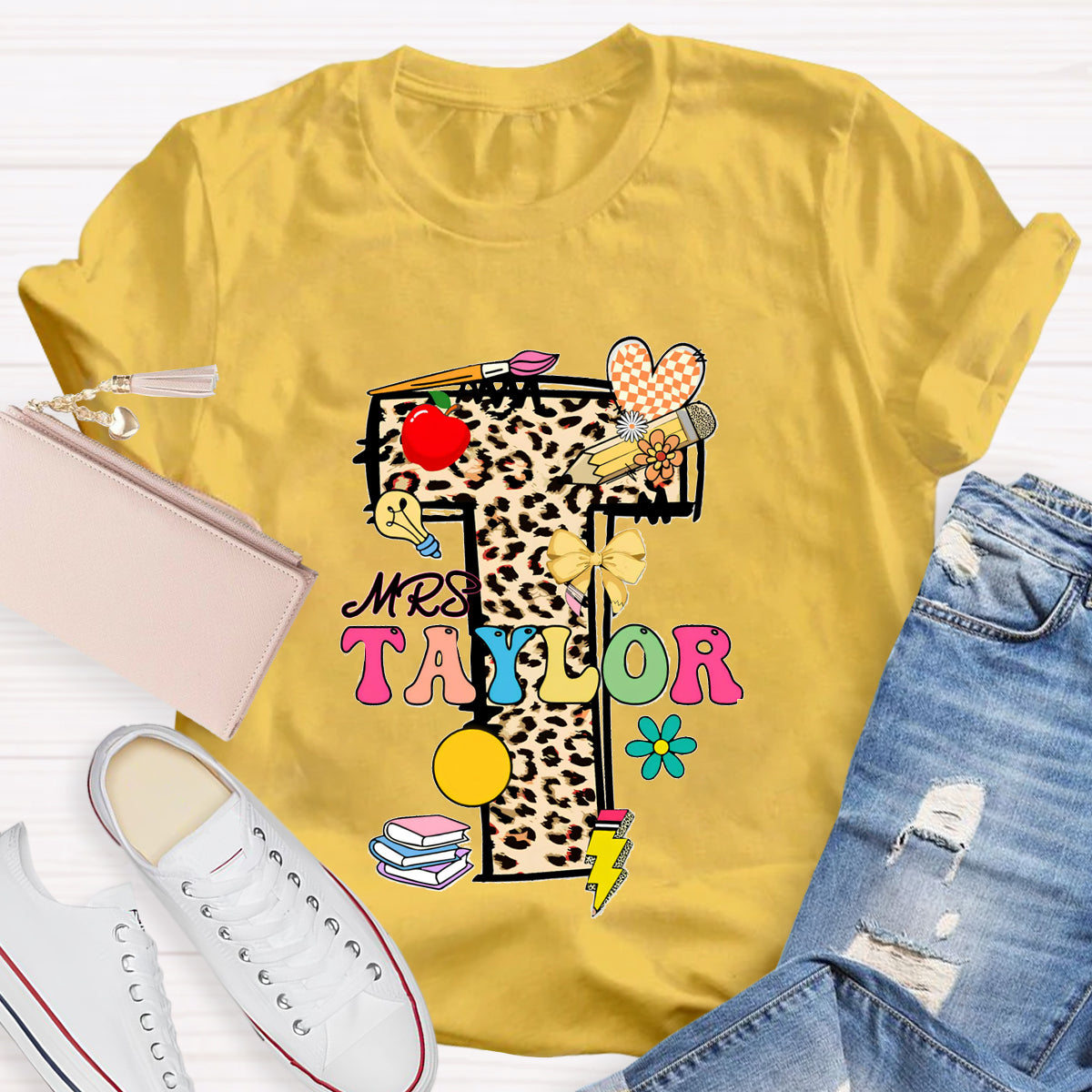 Personalized Name Leopard print Letter Teacher T-Shirt
