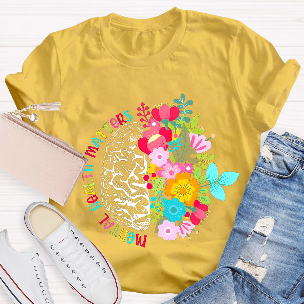 Mental Health Matters Floral Brain Teacher T-Shirt