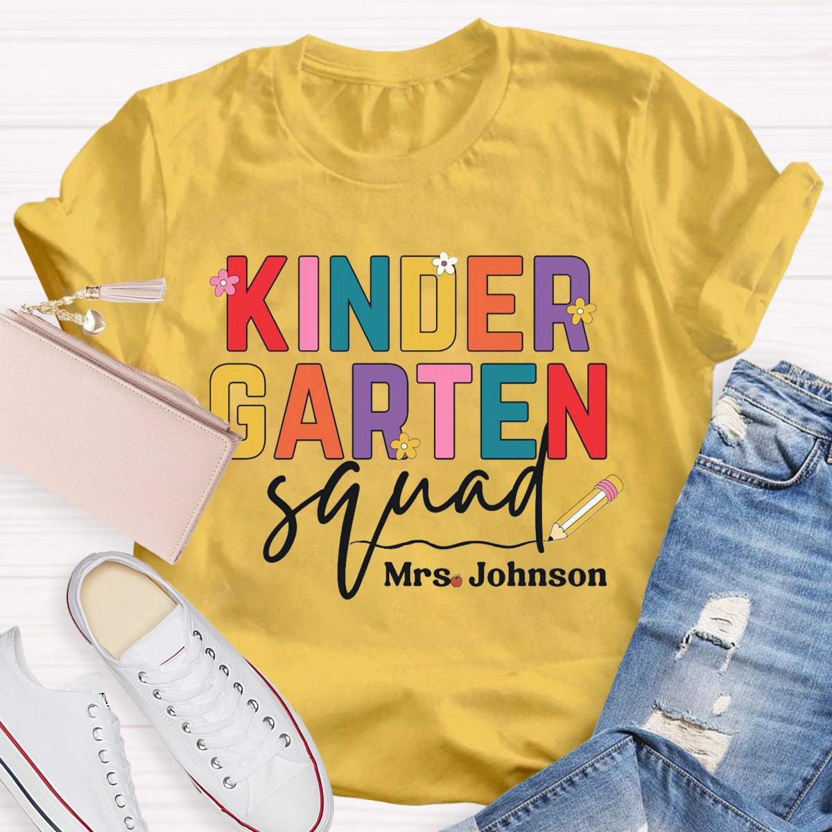 Personalized Grade And Name Teacher Squad Floral Pencil T-Shirt