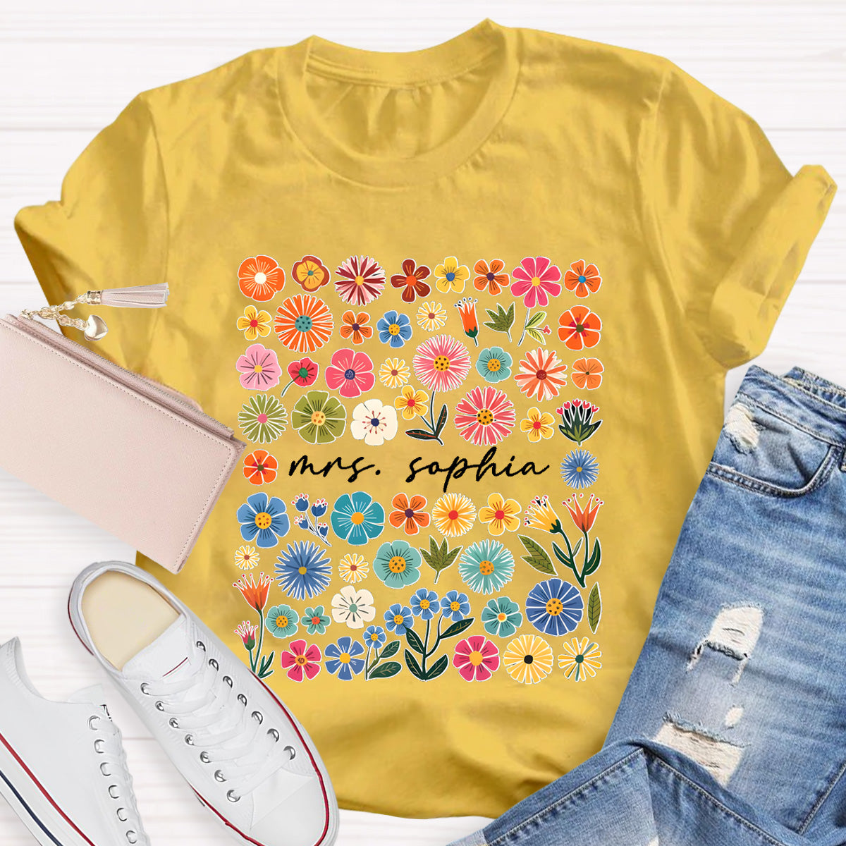 Personalized Name Vintage Florals l Teacher T-Shirt