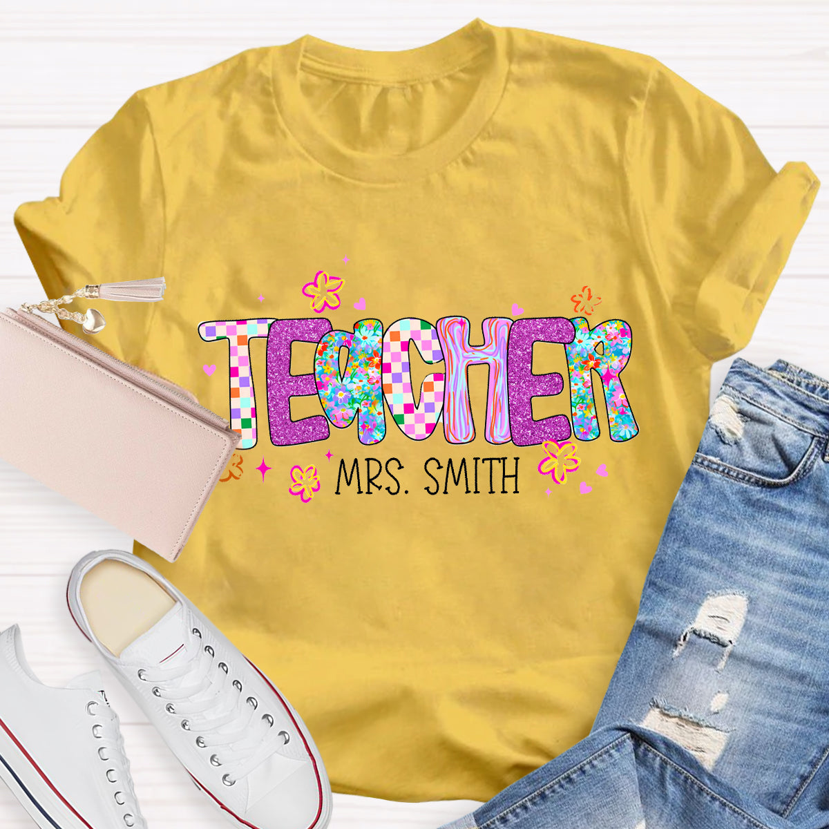 Personalized Teacher Name Pink Plaid T-Shirt