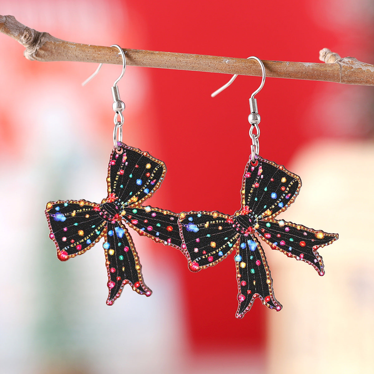 Christmas Lights Bow Pink Christmas Tree Pendant Earrings