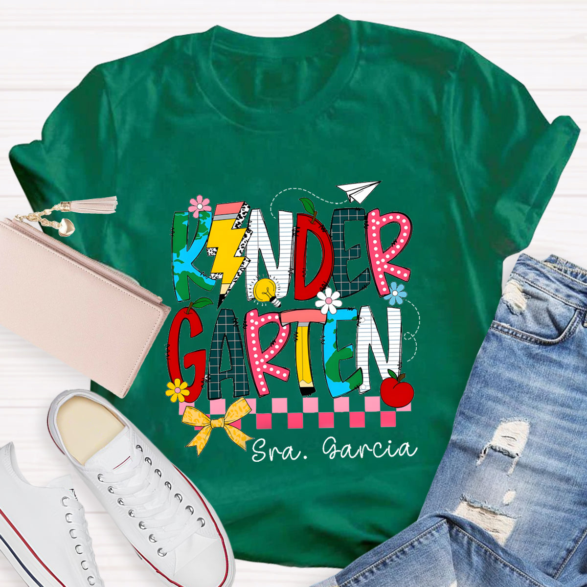 Personalized Grade And Name  Apple Pencil light Teacher T-Shirt