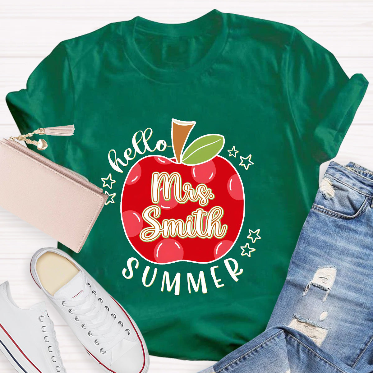 Personalized Name Apple Hello Summer Teacher T-Shirt