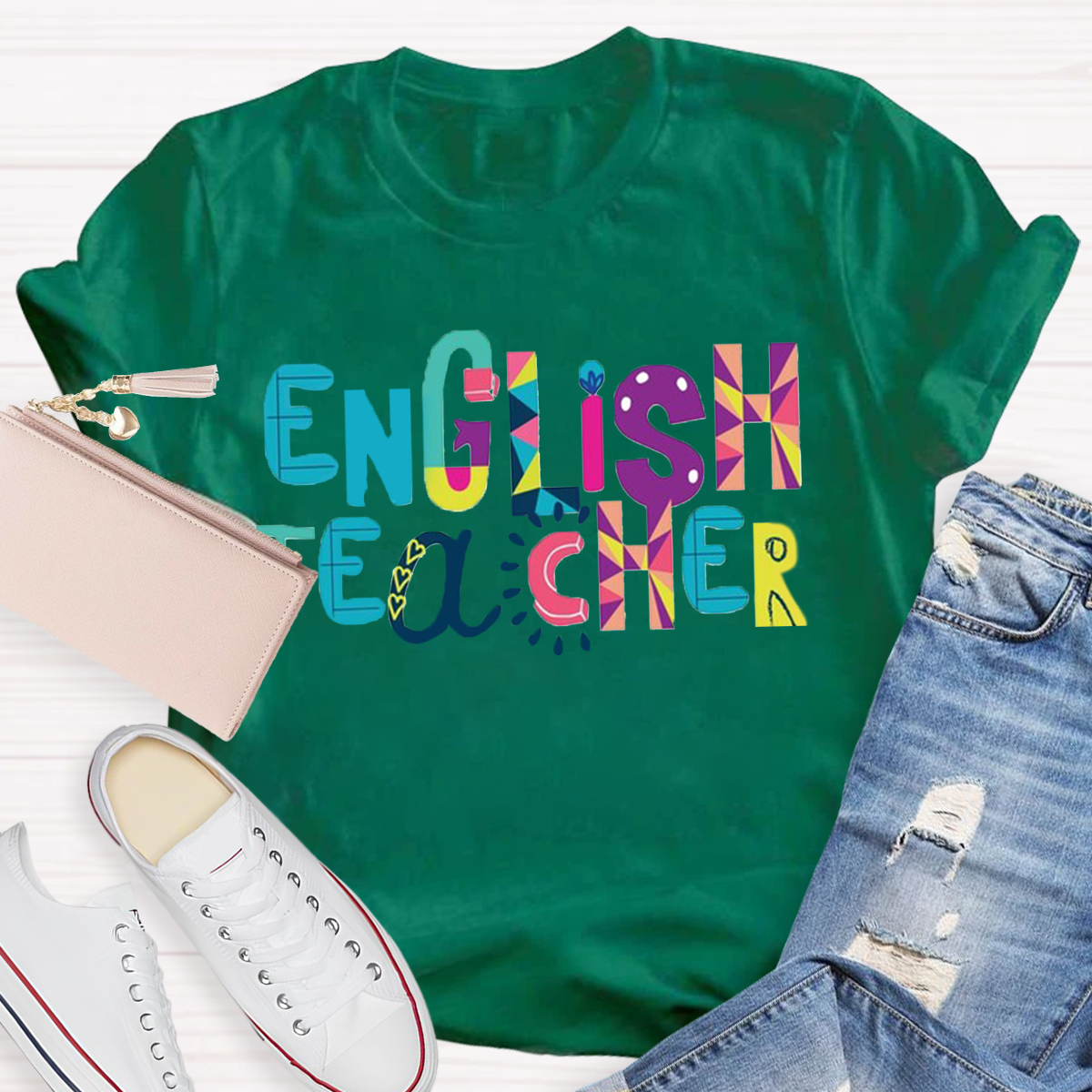 Artistic Color Block Design English Teacher T-Shirt